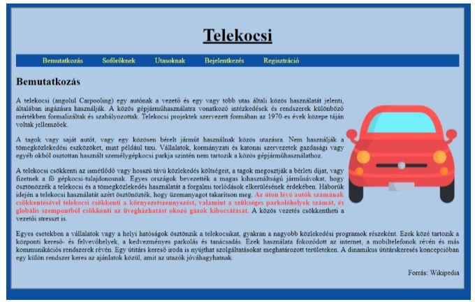 Telekocsi szolgáltatást népszerűsítő weboldal feladat